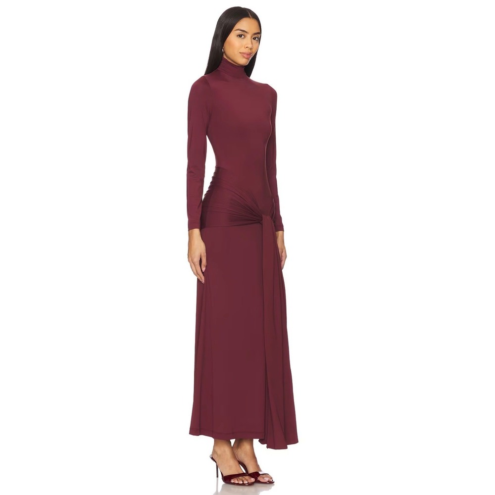 Bardot Alix Maxi Long Sleeve Turtleneck Draped Sash Ruched tie front dress US 6